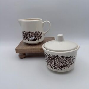 Vintage Royal USA Brown Sussex Floral Creamer and Lidded Sugar Bowl Set Ceramic